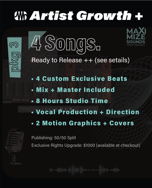 Growth Plus 4 Songs Package - artist development with custom beats, mixing, mastering and promotion by Maximize Sounds